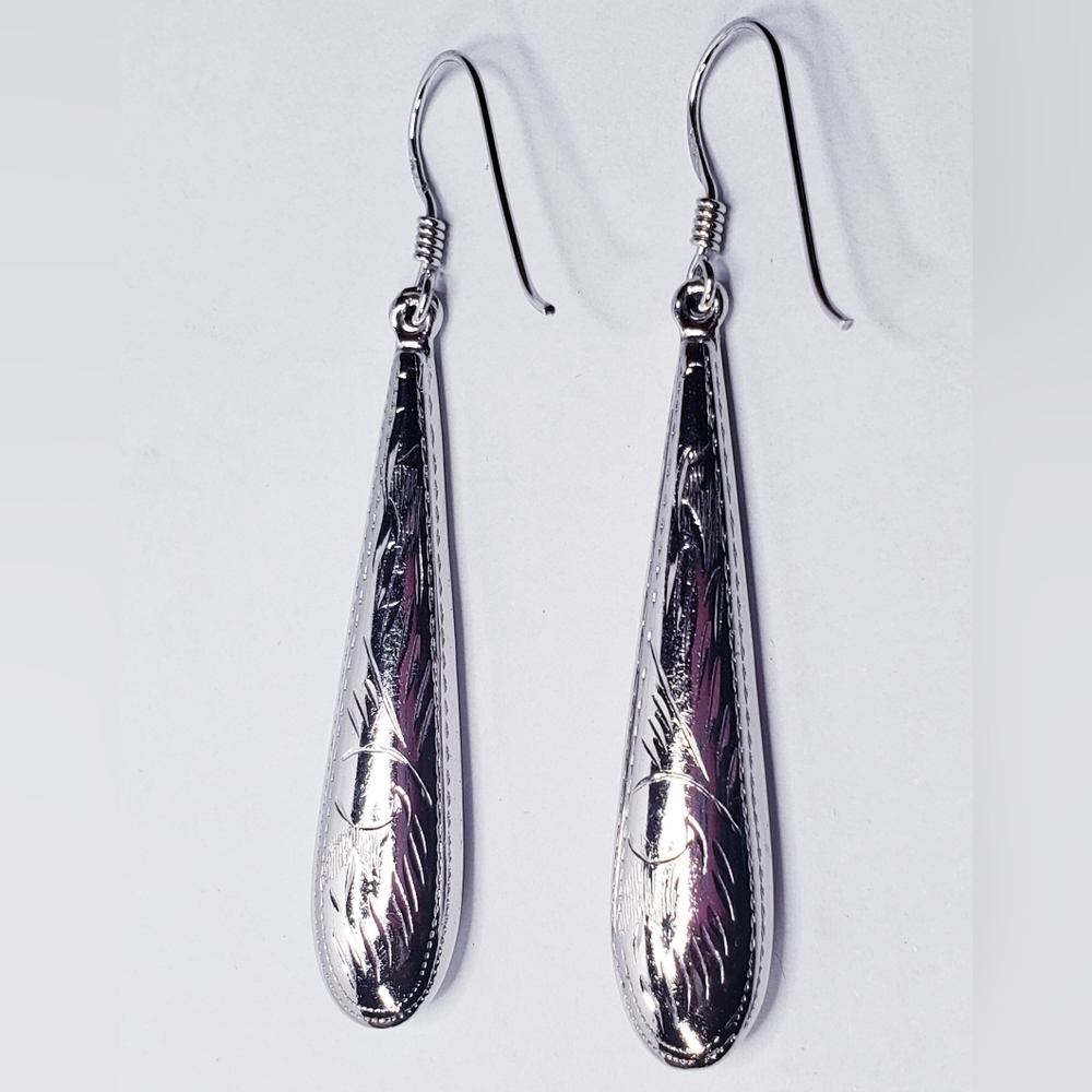Engraved Sterling Silver Teardrop Dangle Earrings.